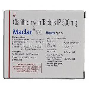 マックラー500 Maclar 500, クラリス ジェネリック, クラリスロマイシン, 500mg, 錠 箱裏面