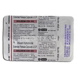 ジルゼム CD-90 Dilzem CD-90, ヘルペッサー ジェネリック XL, ジルチアゼム ER, 90mg, カプセル 包装裏面