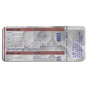 ビオセブ Biosev, セベラマー 400mg, 錠 包装裏面