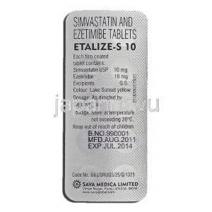 エタリーズS10 Etalize-S 10, シンバスタチン, 10mg, エゼチミブ, 10mg 錠 包装裏面