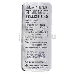 エタリーズS40 Etalize-S 40, シンバスタチン, 40mg, エゼチミブ, 10mg 錠 包装裏面