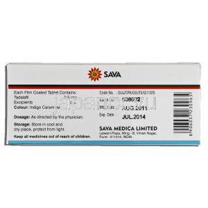 エクシラー Exilar, タダラフィル 2.5mg, 錠 箱裏面
