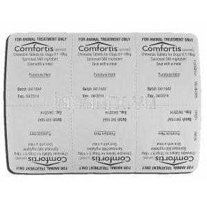 コンフォーティス Comfortis, スピノサド, 560mg, チュアブル錠, 9.1 - 18 kg 犬用 包装裏面