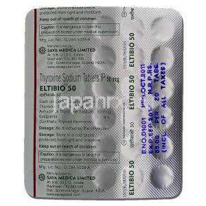 エルチビオ Eltibio, チロキシン 50mcg, 錠 包装裏面
