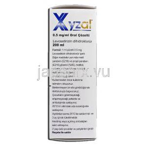 ザイザル Xyzal, レボセチリジン ジヒドロクロリド, 0.5 /ml, 200ml 経口服用液 箱側面