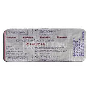 ゾネグラン Zonegran, ゾニサミド, 100mg, 錠 包装裏面