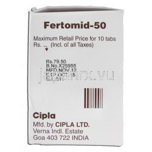 フェートミッド50 Fertomid-50,クロミッド ジェネリック, クロミフェン,50mg 箱側面・製造者情報