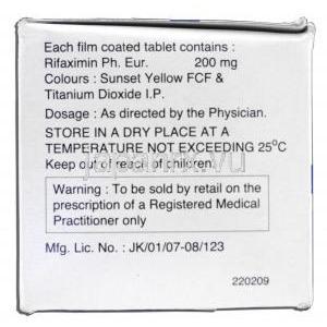 トーフィックス200 Torfix 200, キシファクサン ジェネリック, リファキシミン 200mg, 箱側面・成分情
