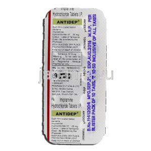 アンイデップ25 Antidep 25, イミドール ジェネリック, イミプラミン 25mg 錠 包装裏面