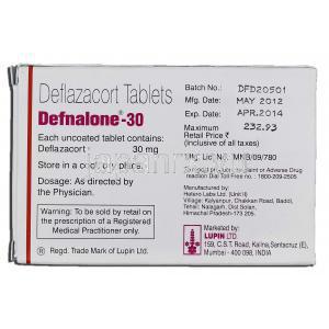 デフナロン30 Defnalone 30, カルコート ジェネリック, デフラザコート 30mg, 錠 箱裏面