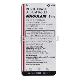 シングレア Singulair, モンテルカストナトリウム, 5mg, 錠 包装裏面