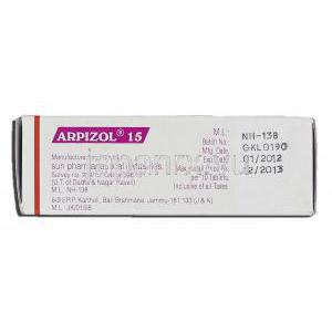 アルピゾル15 Arpizol 15, アビリファイ ジェネリック, アリピプラゾール 15mg, 錠 製造者情報