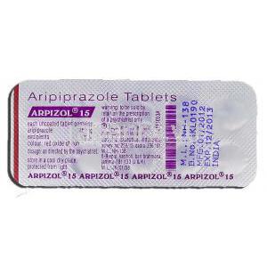 アルピゾル15 Arpizol 15, アビリファイ ジェネリック, アリピプラゾール 15mg, 錠 包装裏面
