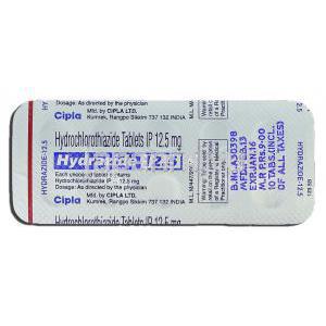 ヒドラジド 12.5 Hydrazide 12.5, エシドレックス ジェネリック,  12.5mg, 錠 包装裏面