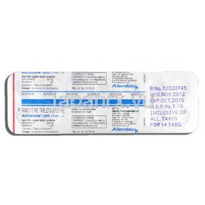 アシコン-20 Acicon-20, ガスター ジェネリック, ファモチジン 20mg, 錠 包装裏面
