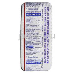 メトカードXL25 Metocard XL 25,  Toprol XL, セロケン/ロプレソール ジェネリック, 25mg, 錠 包装裏面