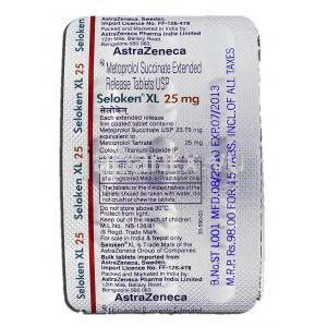 セロケンXL25 SelokenXL 25,  Toprol XL, セロケン/ロプレソール ジェネリック, 25mg, 錠 包装裏面