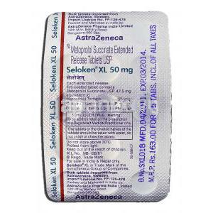セロケンXL Seloken XL, ロプレソール ジェネリック, メトプロロール XR 50mg 箱 包装裏面