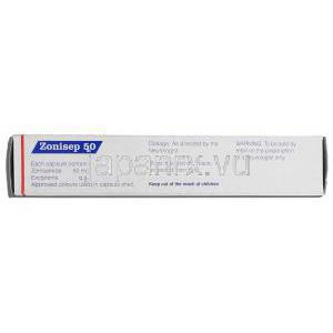 ゾニセップ50 Zonisep 50, エクセグラン ジェネリック, ゾニサミド 50mg, 箱側面記載情報