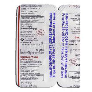 シベリウム Sibelium, フルナリジン 5mg, 錠, 包装裏面