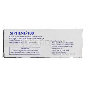 サイフェン100 Siphene 100, クロミッド ジェネリック, クロミフェン 100mg, 錠, 箱裏面