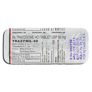 トラゾニル50 Trazonil 50, デジレル ジェネリック, トラゾドン 50mg, 錠 包装裏面