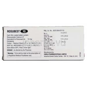 ロスベスト10 Rosubest 10, クレストール ジェネリック, ロスバスタチン 10mg, 錠, 箱裏面