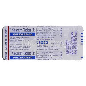 バルザー80 valzaar 80, バルサルタン 80mg, 錠, 包装裏面