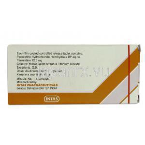 ペゼップ CR, パキシルCR ジェネリック, パロキセチン CR, 12.5mg, 錠 箱裏面