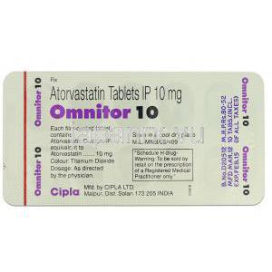 オムニトール, リピトール ジェネリック, アトルバスタチン, 10mg, 錠 包装裏面