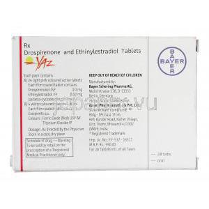 ヤズ Yaz, ドロスピレノン/ エチニルエストラジオール, 3.0mg/ 0.02mg, 錠 箱裏面