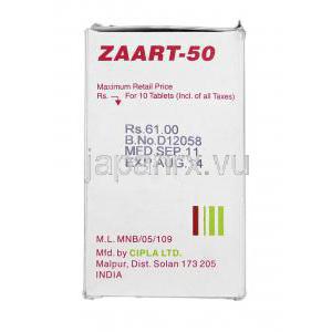 ザーアート-50 Zaart-50, ニューロタン ジェネリック, ロサルタンカリウム 50mg, 錠 箱側面