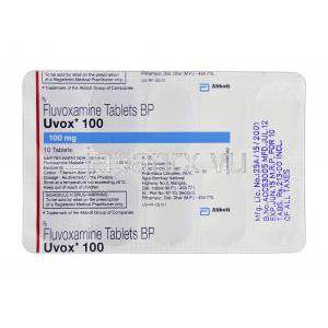 ユーボックス100 Uvox 100, ルボック ジェネリック, フルボキサミンマイレン酸塩, 100mg, 錠 包装裏面