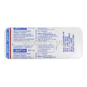 キュエル-100 Quel -100, セロクエル ジェネリック, クエチアピン 100mg, 錠 包装裏面