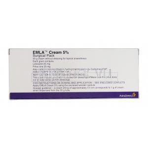 エムラ5% クリーム 30g, Emla 5%, リドカイン 25mg/ プリロカイン25mg 箱裏面