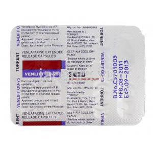 ベンリフトOD-75 Venlift OD-75, エフェクサー XR ジェネリック, ベンラファキシン, 75mg, カプセル, 包装裏