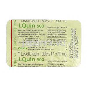 エルクイン500 LQuin 500, クラビット ジェネリック, レボフロキサシン , 500mg, 錠, 包装裏面