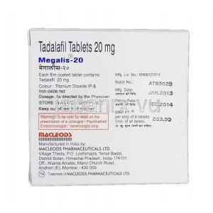 メガリス-20 Megalis-20, シアリス ジェネリック, タラダフィル, 20 mg, 錠, 箱裏面