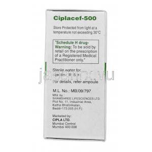 シプラセフ500 Ciplacef 500, ロセフィン ジェネリック, セフトリアキソン, 500 mg, 注射, 箱側面
