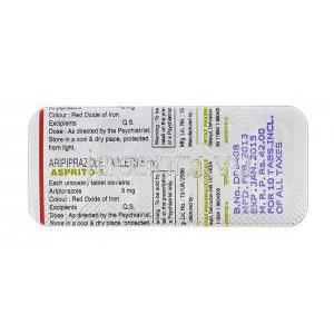 アスプリト-5 Asprito-5, アビリファイ ジェネリック, アリピプラゾール, 5 mg, 錠, 包装裏面