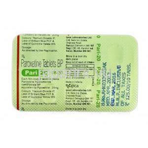 パリ20 Pari 20, パキシル ジェネリック, パロキセチン, 20mg, 錠, 包装裏面