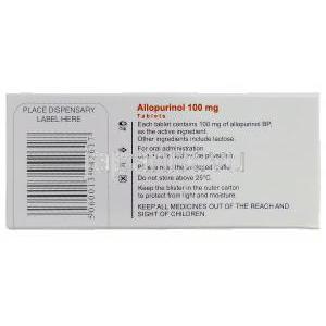 アロプリノール Allopurinol, ザイロリック ジェネリック 100mg , 錠, 箱裏面