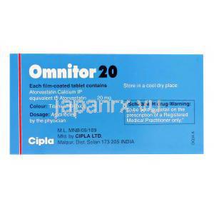 オムニトール Omnitor, リピトール ジェネリック, アトルバスタチン 20mg , 錠, 箱裏面