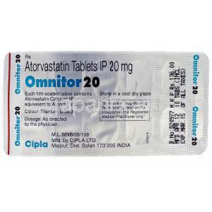 オムニトール Omnitor, リピトール ジェネリック, アトルバスタチン 20mg , 錠, 包装裏面
