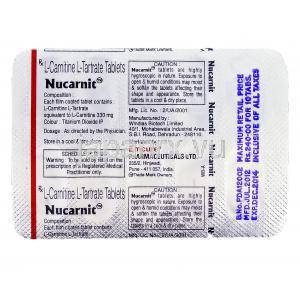 ヌカルニット Nucarnit, カルニトール ジェネリック, L-カルニチン L-Tartrate 330mg, 錠, 包装裏面