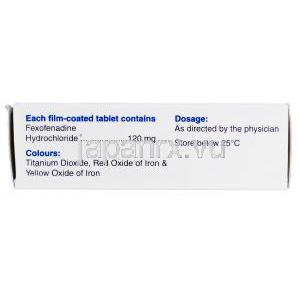フェキシグラ Fexigra, アレグラ ジェネリック, フェキソフェナジン  120mg 錠, 箱側面