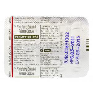 ベンリフトOD Venlift OD, エフェクサー XR ジェネリック,  XR  ベンラファキシン 37.5mg  カプセル, 包装裏