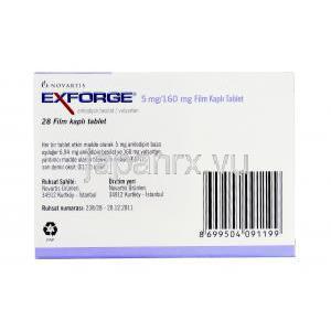 エックスフォージ Exforge, アムロジピン/  バルサルタン  5mg/ 160mg, 錠, 箱裏面