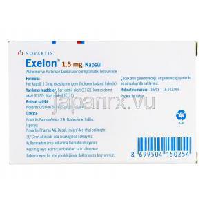エクセロン Exelon, リバスチグミン水素酒石酸塩 1.5mg, 錠, 箱裏面（トルコ産）