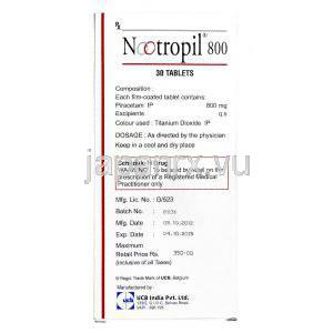 ノートロピル Nootropil, ピラセタム 800mg, 錠, 箱裏面